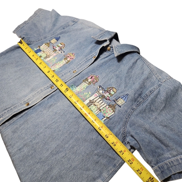Vintage 90s Denim Short Sleeve Shirt Embroidered Bird Garden‎ Cat Granny Grandma - Picture 6 of 12